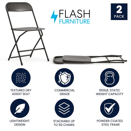 Flash Furniture Hercules Plastic Folding Chairs With 650-lb Capacity, Black, Set Of 2 Chairs - Image 2