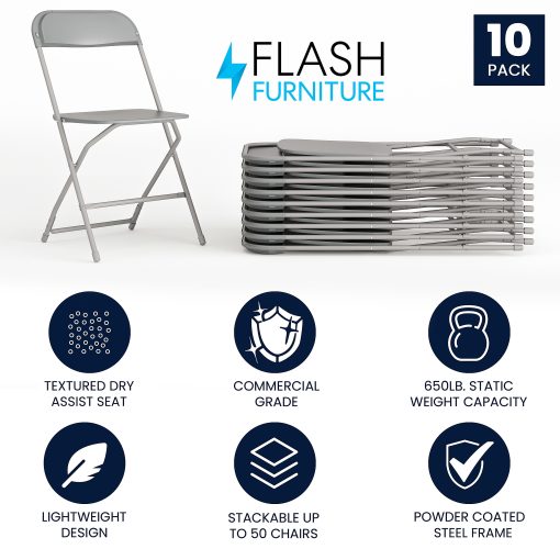 Flash Furniture HERCULES Series Premium Plastic Folding Chairs, Gray, Set Of 10 Chairs - Image 2