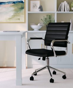 Martha Stewart Piper Faux Leather Upholstered Mid-Back Executive Office Chair, Black/Polished Nickel