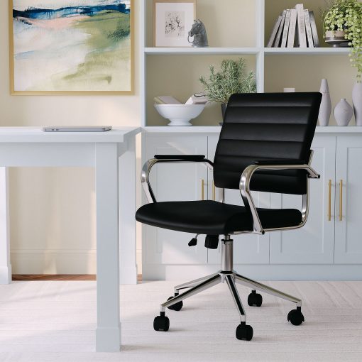 Martha Stewart Piper Faux Leather Upholstered Mid-Back Executive Office Chair, Black/Polished Nickel