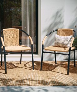 Flash Furniture Rattan Indoor/Outdoor Restaurant Stack Chairs, Beige/Black, Set Of 4 Chairs
