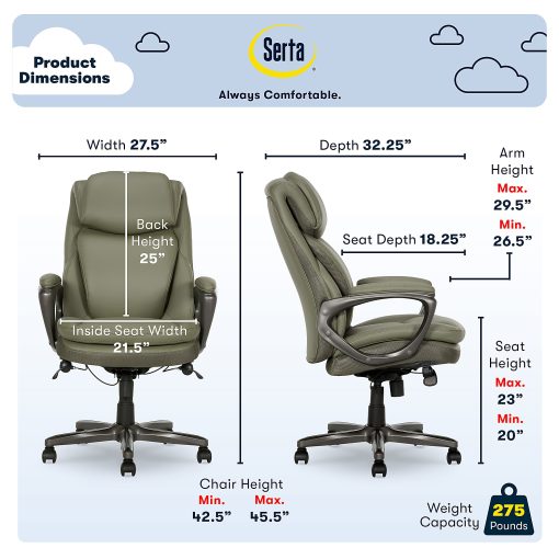 Serta Smart Layers Arlington Air Ergonomic Bonded Leather High-Back Executive Office Chair, Olive - Image 2