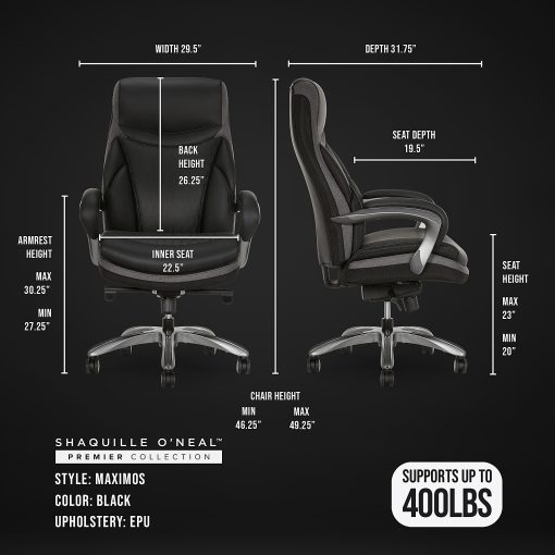 Shaquille O'Neal™ Maximos Big & Tall Ergonomic Vegan Leather High-Back Executive Office Chair, Black/Silver, BIFMA Compliant - Image 2