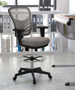 Flash Furniture Mid-Back Mesh Ergonomic Drafting Chair with Adjustable Chrome Foot Ring, Adjustable Arms, Light Gray/Black