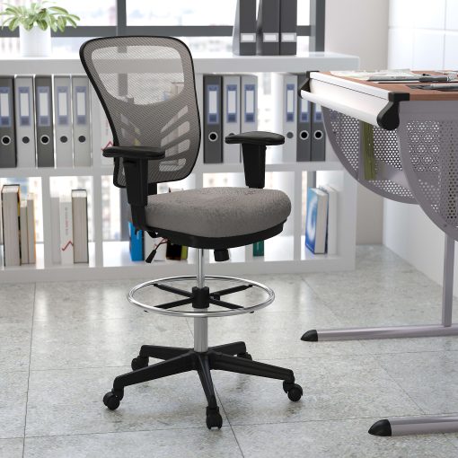 Flash Furniture Mid-Back Mesh Ergonomic Drafting Chair with Adjustable Chrome Foot Ring, Adjustable Arms, Light Gray/Black