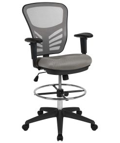 Flash Furniture Mid-Back Mesh Ergonomic Drafting Chair with Adjustable Chrome Foot Ring, Adjustable Arms, Light Gray/Black 2