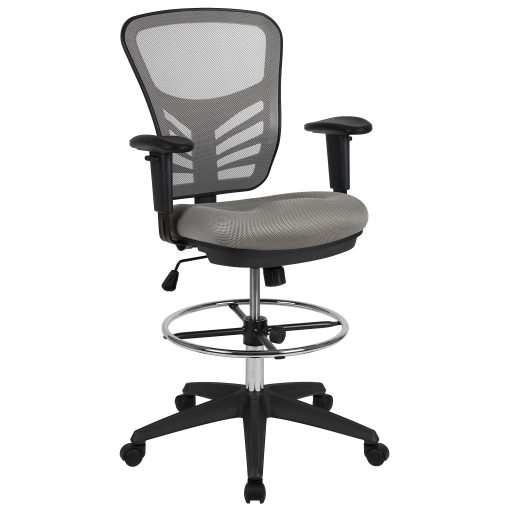 Flash Furniture Mid-Back Mesh Ergonomic Drafting Chair with Adjustable Chrome Foot Ring, Adjustable Arms, Light Gray/Black - Image 2