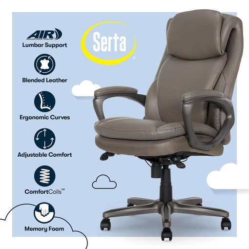 Serta Smart Layers Arlington AIR Ergonomic Bonded Leather High-Back Executive Chair, Taupe - Image 2