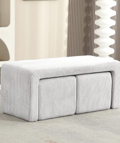 Glamour Home Belgin Corduroy Velvet Fabric Bench With Ottomans, 17-5/16”H x 40-1/2”W x 16-15/16”D, Beige