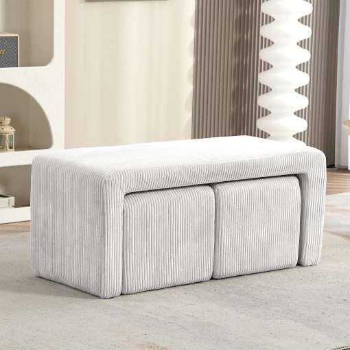 Glamour Home Belgin Corduroy Velvet Fabric Bench With Ottomans, 17-5/16”H x 40-1/2”W x 16-15/16”D, Beige