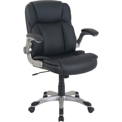 LYS NuSparc Flip Armrest Mid Back Leather Chair, Black/Silver - Image 2