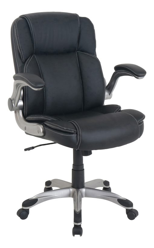 LYS NuSparc Flip Armrest Mid Back Leather Chair, Black/Silver
