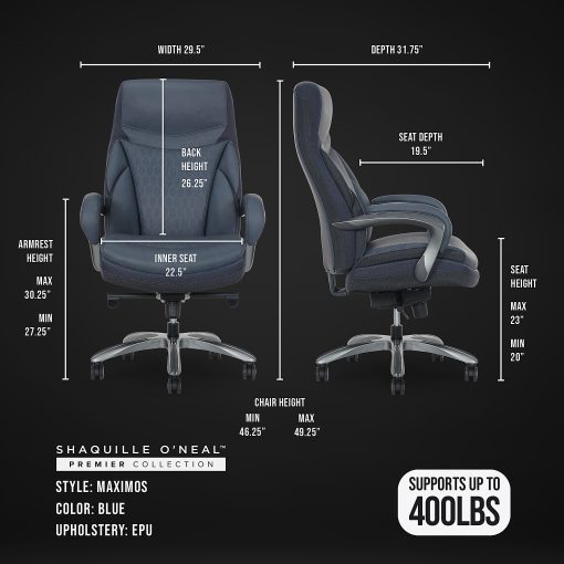 Shaquille O'Neal™ Maximos Big & Tall Ergonomic Vegan Leather High-Back Executive Office Chair, Blue/Silver, BIFMA Compliant - Image 2
