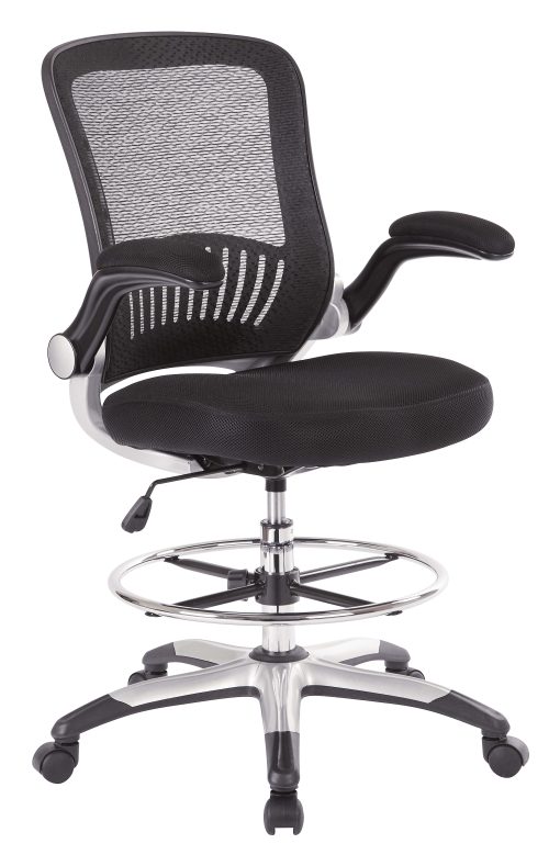 Office Star Mesh Back Drafting Chair With Mesh Seat, Adjustable Foot Ring And Padded Flip Arms, Black/Silver - Image 2
