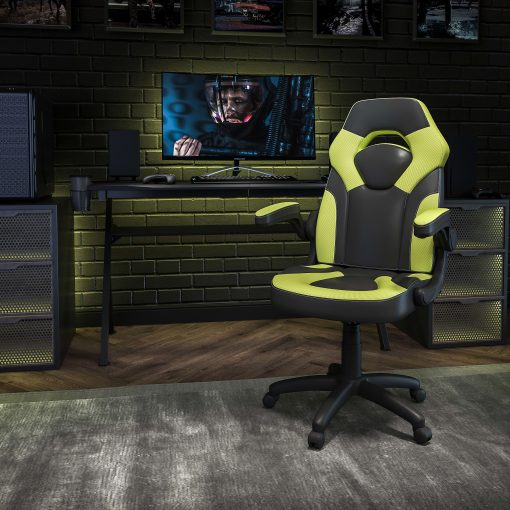 Flash Furniture X10 Ergonomic LeatherSoft™ Faux Leather High-Back Racing Gaming Chair With Flip-Up Arms, Neon Green/Black