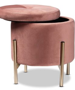 Baxton Studio Malina Velvet Round Storage Ottoman, Pink/Gold 2