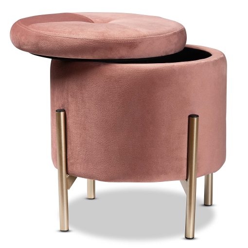 Baxton Studio Malina Velvet Round Storage Ottoman, Pink/Gold - Image 2