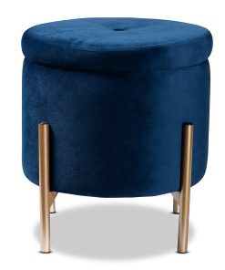 Baxton Studio Malina Velvet Round Storage Ottoman, Navy Blue/Gold 2