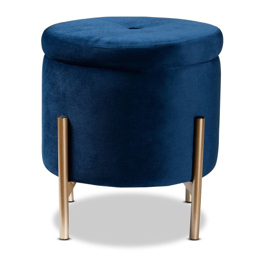 Baxton Studio Malina Velvet Round Storage Ottoman, Navy Blue/Gold - Image 2