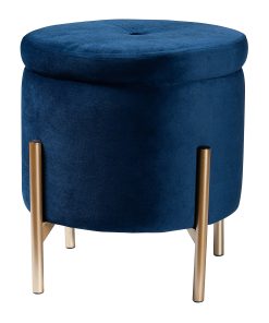 Baxton Studio Malina Velvet Round Storage Ottoman, Navy Blue/Gold