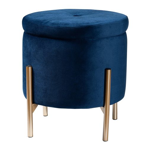 Baxton Studio Malina Velvet Round Storage Ottoman, Navy Blue/Gold
