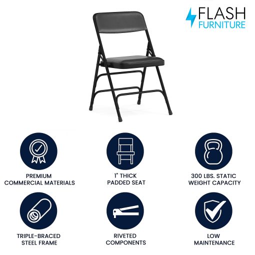 Flash Furniture HERCULES Vinyl Curved Triple-Braced Folding Chair, Black - Image 2