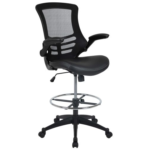 Flash Furniture Mid-Back Mesh/LeatherSoft Drafting Chair with Flip-Up Arms, Black - Image 2