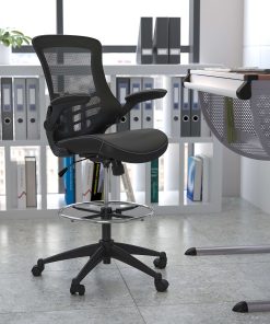 Flash Furniture Mid-Back Mesh/LeatherSoft Drafting Chair with Flip-Up Arms, Black