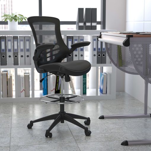 Flash Furniture Mid-Back Mesh/LeatherSoft Drafting Chair with Flip-Up Arms, Black