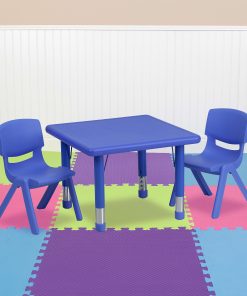 Flash Furniture Square Plastic Height-Adjustable Activity Table Set With 2 Chairs, 23-3/4" x 24", Blue