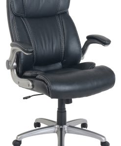 Lorell® SOHO Flip Armrest Bonded Leather High-Back Chair, Black/Silver