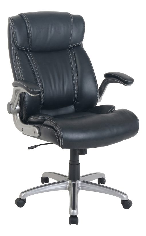 Lorell® SOHO Flip Armrest Bonded Leather High-Back Chair, Black/Silver