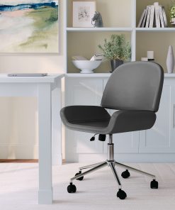 Martha Stewart Tyla Faux Leather Upholstered Mid-Back Executive Office Chair, Gray/Polished Nickel