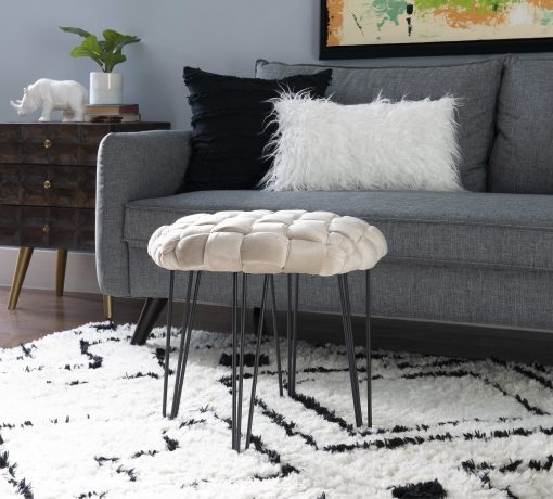 Powell Banyan Round Fabric Ottoman, Tan/Black - Image 2