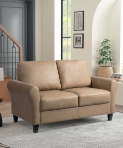 Lifestyle Solutions Winslow Faux Leather Loveseat With Rolled Arms, 32-3/4″H x 57-7/8″W x 31-1/2″D, Light Brown/Black 2