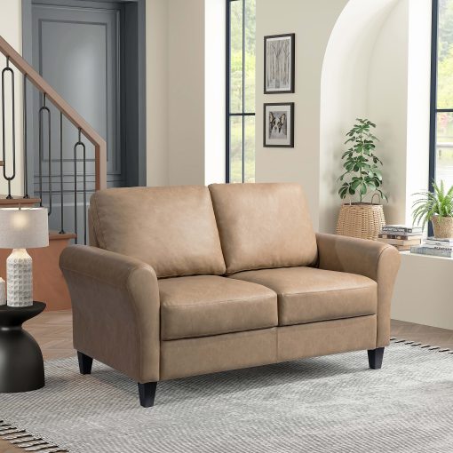Lifestyle Solutions Winslow Faux Leather Loveseat With Rolled Arms, 32-3/4"H x 57-7/8"W x 31-1/2"D, Light Brown/Black - Image 2