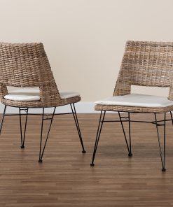 bali & pari Nafaro Natural Rattan And Metal Dining Chairs With Cushions, Graywashed/White/Black, Set Of 2 Chairs 2
