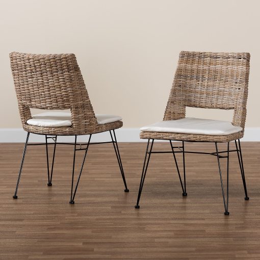 bali & pari Nafaro Natural Rattan And Metal Dining Chairs With Cushions, Graywashed/White/Black, Set Of 2 Chairs - Image 2