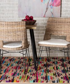 bali & pari Nafaro Natural Rattan And Metal Dining Chairs With Cushions, Graywashed/White/Black, Set Of 2 Chairs