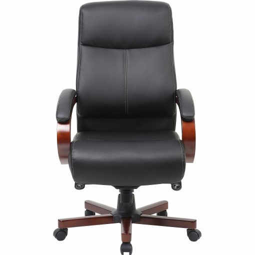Lorell® Executive Ergonomic Bonded Leather/Wood Chair, Black/Cherry - Image 2
