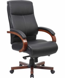 Lorell® Executive Ergonomic Bonded Leather/Wood Chair, Black/Cherry