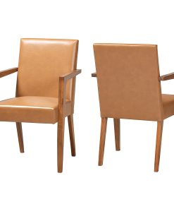 Baxton Studio Andrea Faux Leather Armchairs, Tan/Walnut Brown, Set Of 2 Chairs