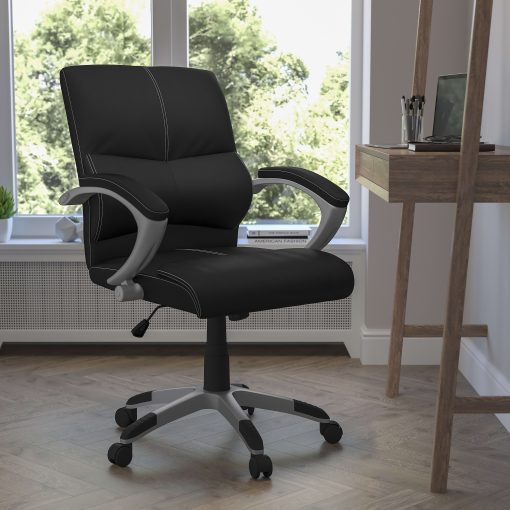 Flash Furniture Contemporary LeatherSoft™ Faux Leather Mid-Back Swivel Chair, Black/Silver - Image 2