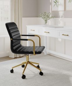 Martha Stewart Taytum Upholstered Office Chair, Black Faux Leather/Polished Brass Frame 2
