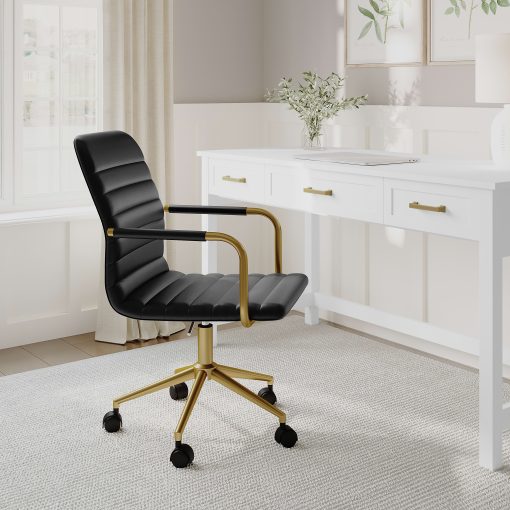 Martha Stewart Taytum Upholstered Office Chair, Black Faux Leather/Polished Brass Frame - Image 2