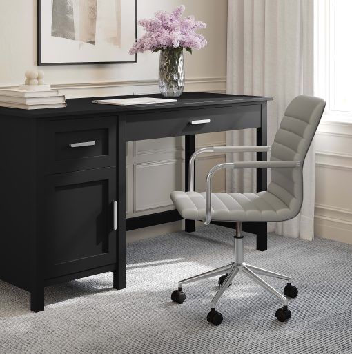 Martha Stewart Taytum Upholstered Office Chair, Gray Faux Leather/Polished Nickel Frame - Image 2