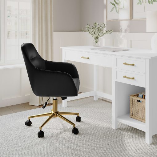 Martha Stewart Rayna Faux Leather Upholstered Office Chair, Black Faux Leather/Polished Brass Frame - Image 2