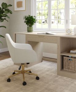 Martha Stewart Rayna Fabric Upholstered Office Chair, Off White Fabric/Polished Brass Frame 2
