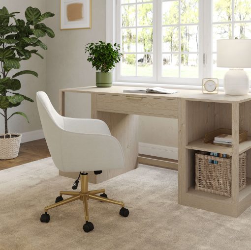 Martha Stewart Rayna Fabric Upholstered Office Chair, Off White Fabric/Polished Brass Frame - Image 2