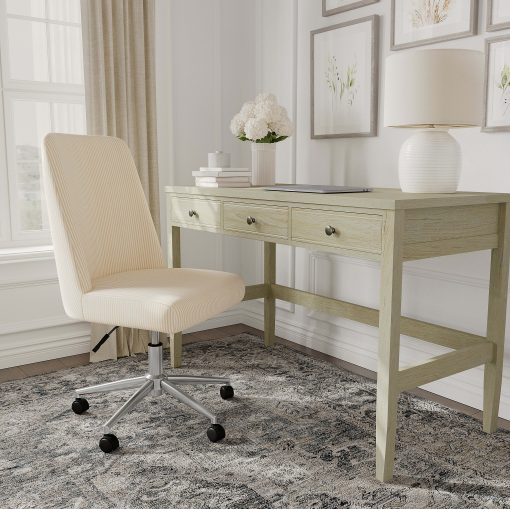 Martha Stewart Maeve Upholstered Office Chair, Beige Stripe Fabric/Polished Nickel Frame - Image 2